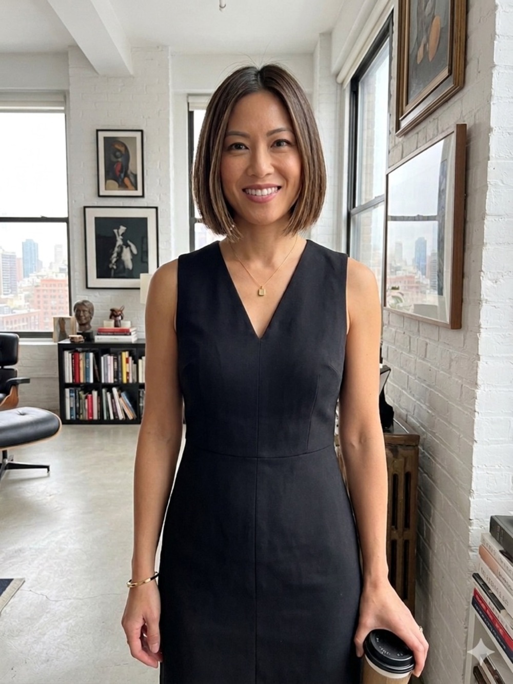 Kensie Black V-Neck Sheath Dress with Gold Zipper